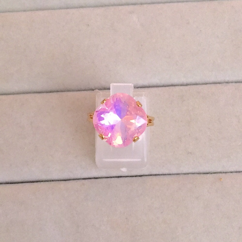 Pink Opal Aurora Borealis + Gold Cushion Cut Crystal Ring